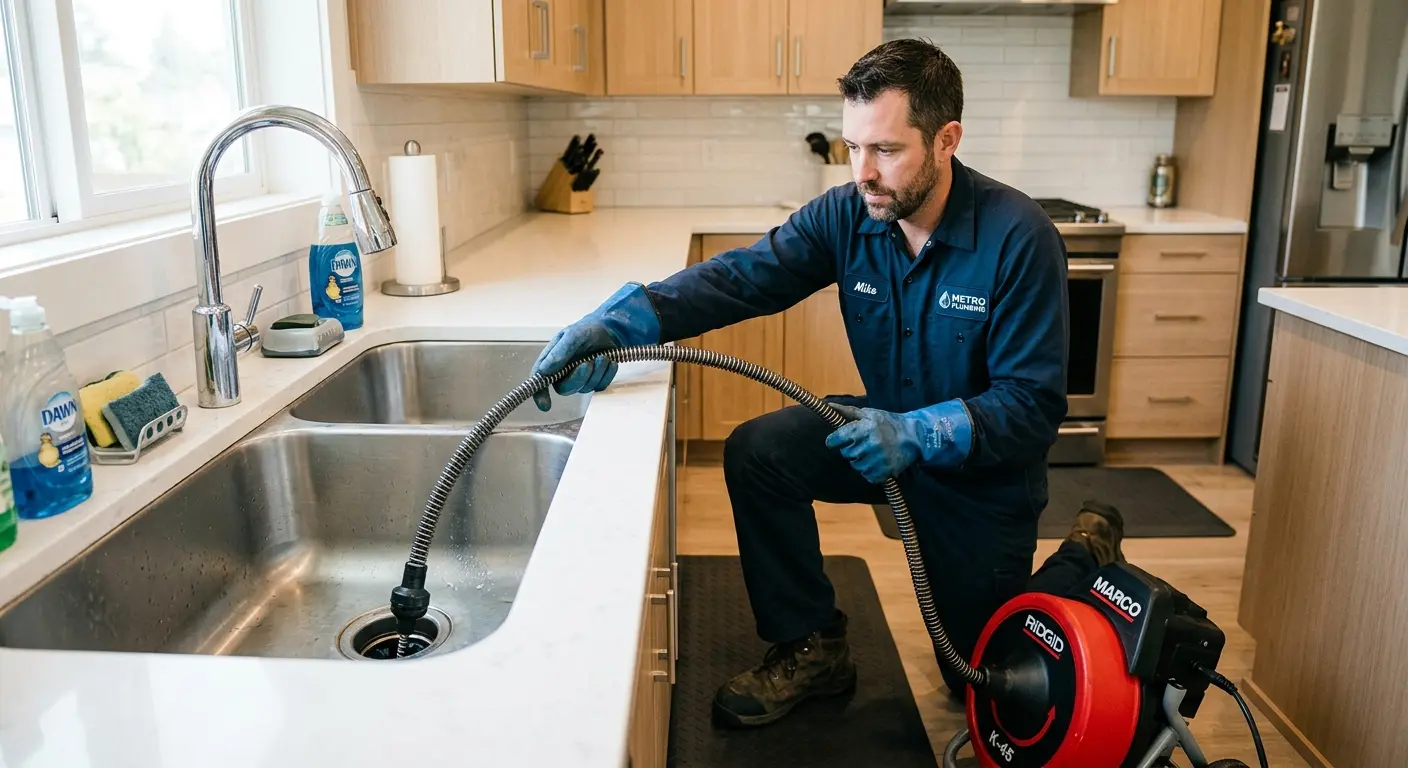 Drain cleaning technician using a motorized snake on a kitchen sink in Ridgefield