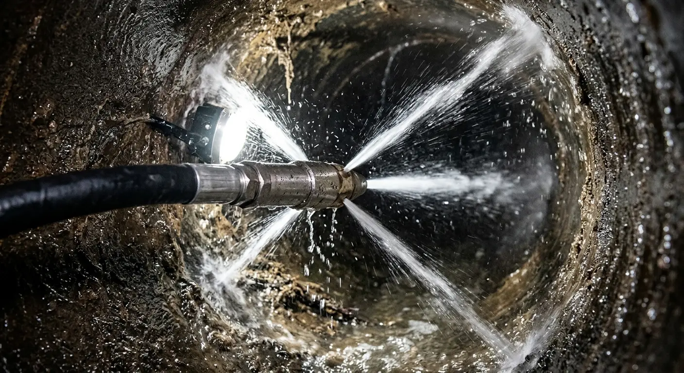 High-pressure hydro jetting nozzle cleaning sewer pipe for Trenchless Sewer Repair in Ridgefield