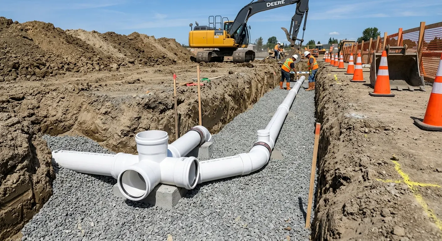 New PVC sewer pipe installation in open trench for Sewer Backup in Ridgefield