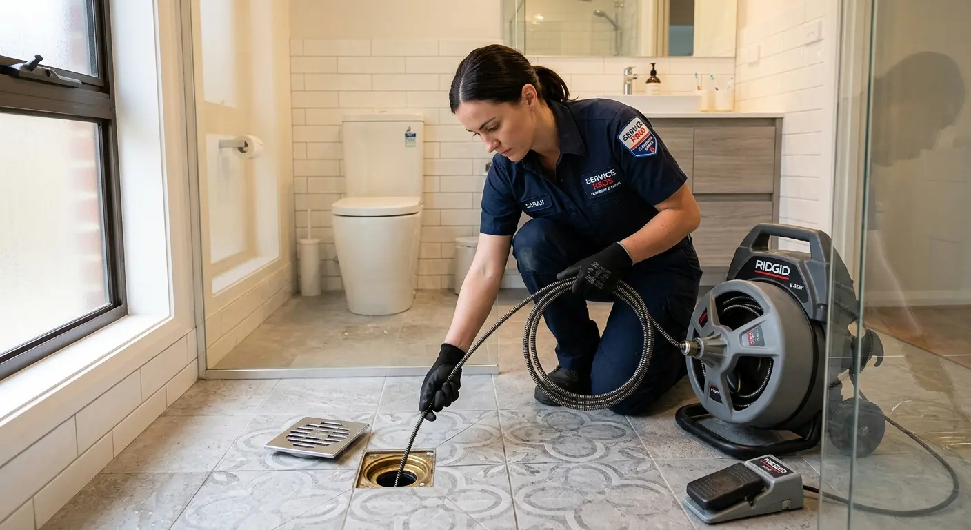 Technician clearing a bathroom floor drain for Drain Cleaning in Ridgefield